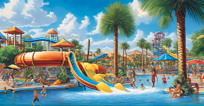 Families and friends enjoying a vibrant water park in Phoenix with water slides and a wave pool.