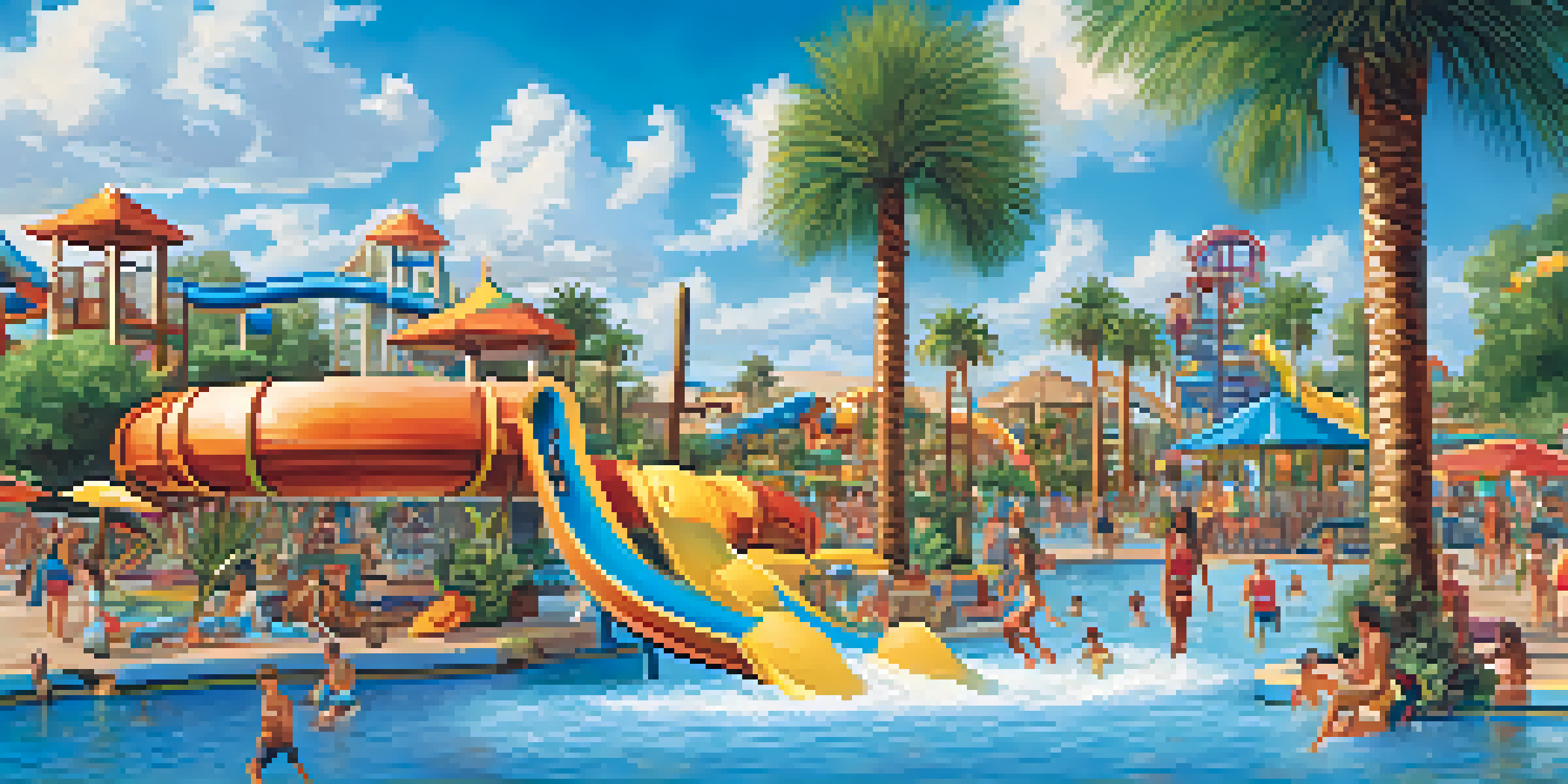 Families and friends enjoying a vibrant water park in Phoenix with water slides and a wave pool.