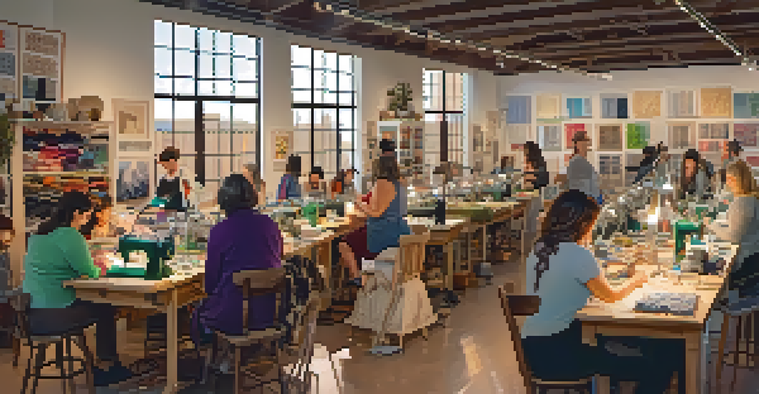 A workshop setting with people learning sustainable fashion techniques, surrounded by sewing machines and fabric materials.