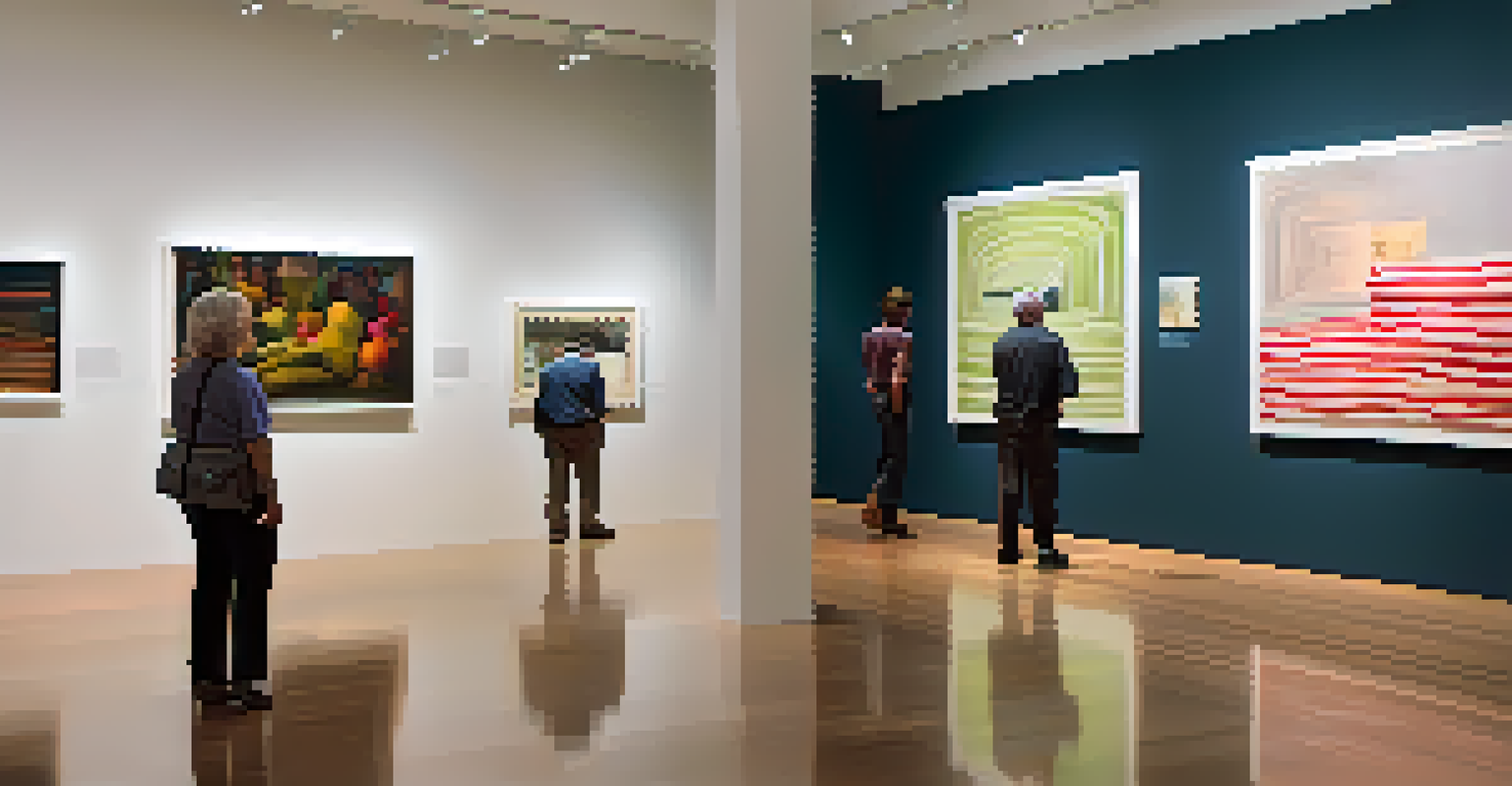 Visitors observing a contemporary artwork in a well-lit gallery during the 'Modern Masters' exhibition at an art museum.