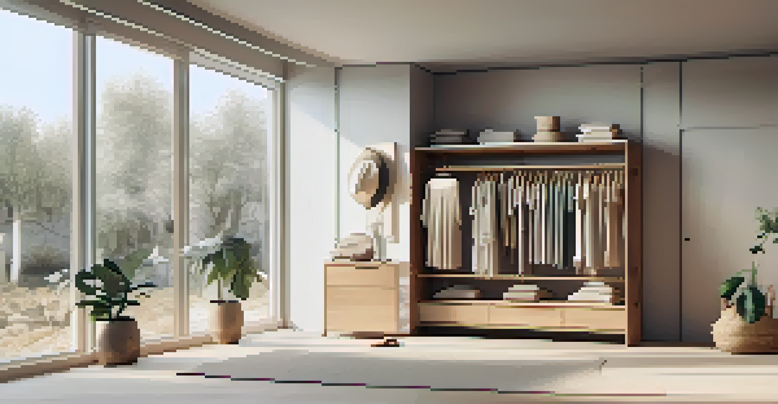 A minimalist capsule wardrobe on a wooden rack with neutral clothing pieces and biodegradable accessories in a bright setting.