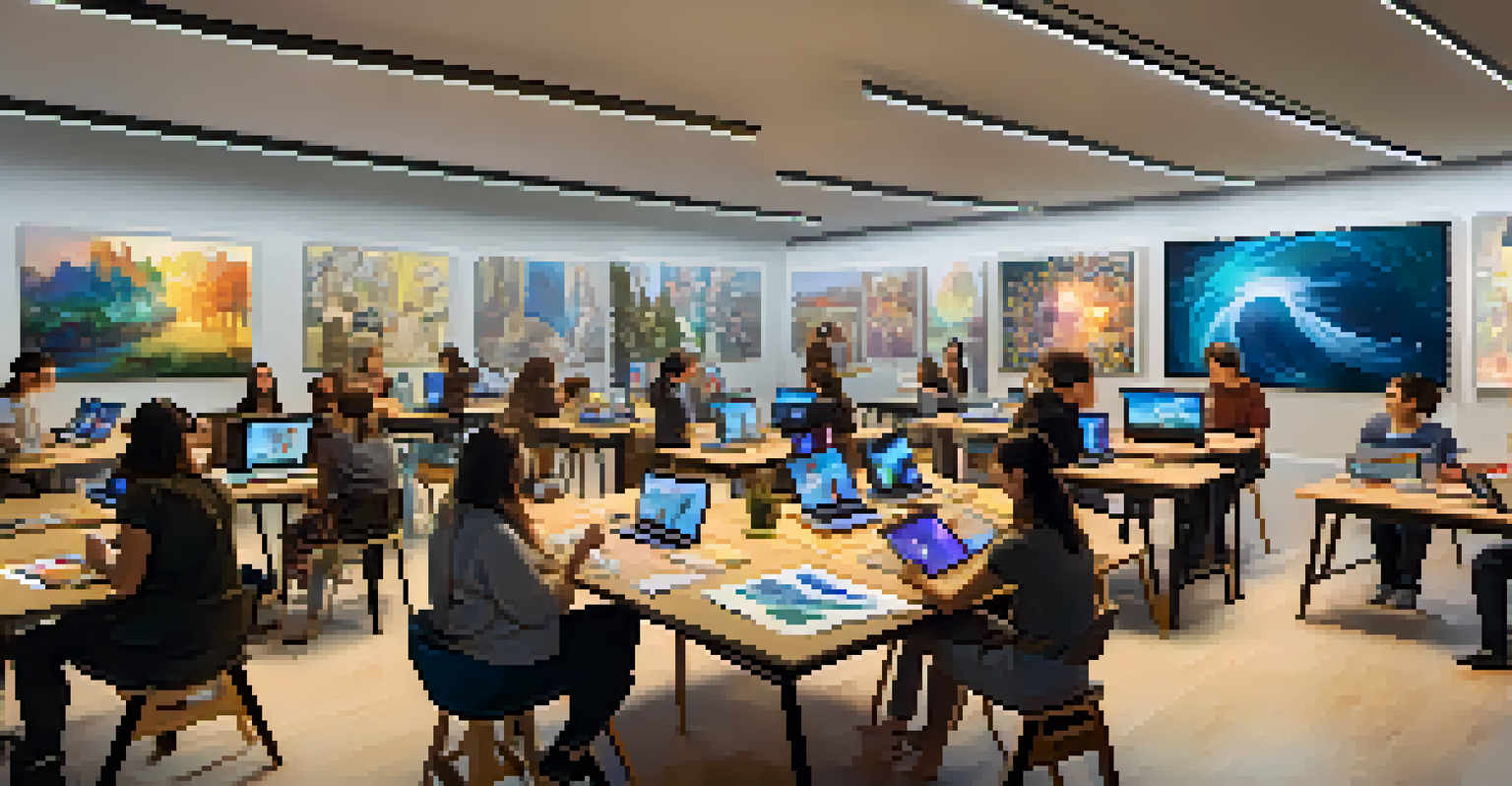 Students participating in a digital art class, with artists guiding them through virtual workshops in a creative environment.