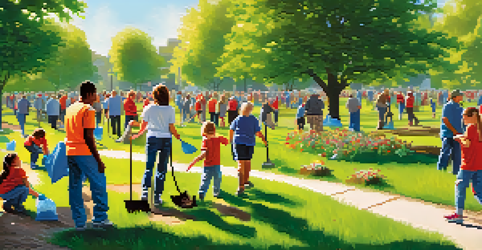 Volunteers of various ages cleaning a park and planting flowers under bright sunlight.