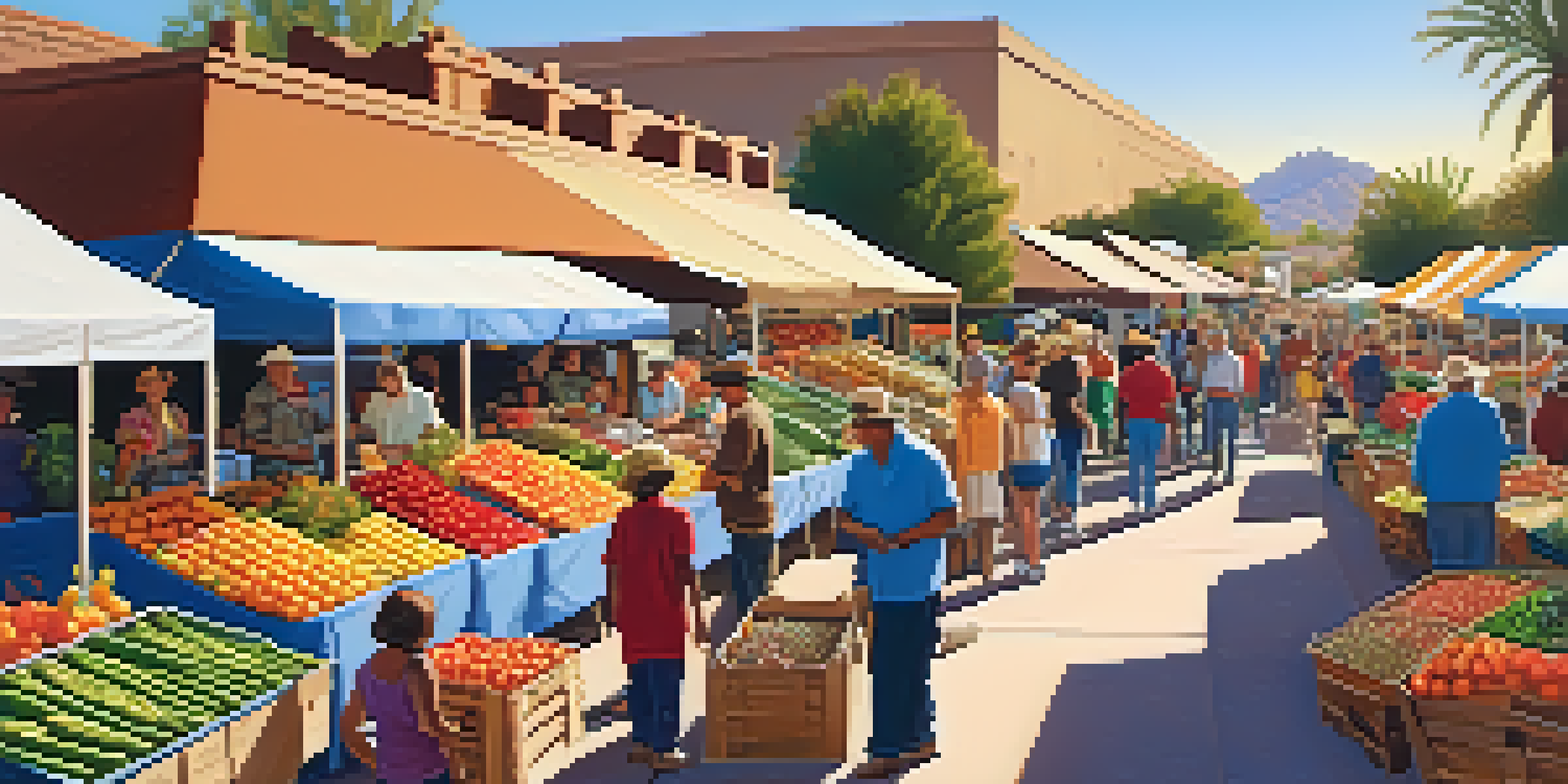A lively farmers' market in Phoenix with fresh produce, handmade crafts, and families interacting in a sunny setting.