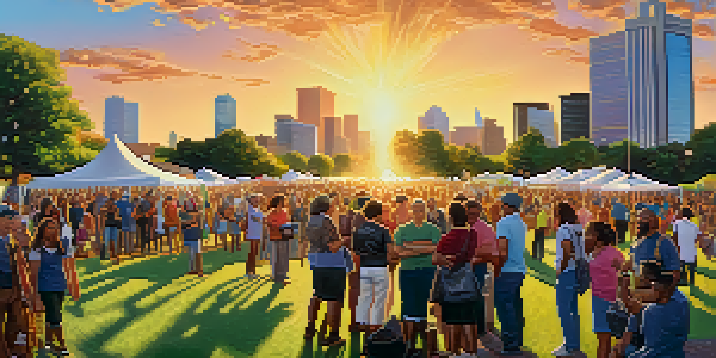 A diverse group of people in a park in Phoenix, discussing social justice issues with banners promoting labor rights.