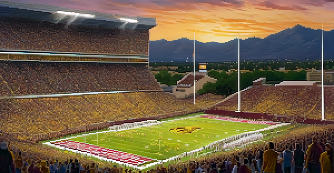 A crowded college football stadium at Arizona State University, filled with fans in maroon and gold, with players in action on the field during sunset.