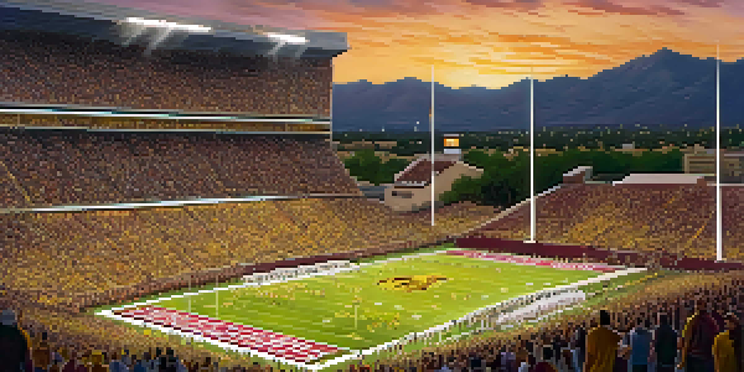 A crowded college football stadium at Arizona State University, filled with fans in maroon and gold, with players in action on the field during sunset.