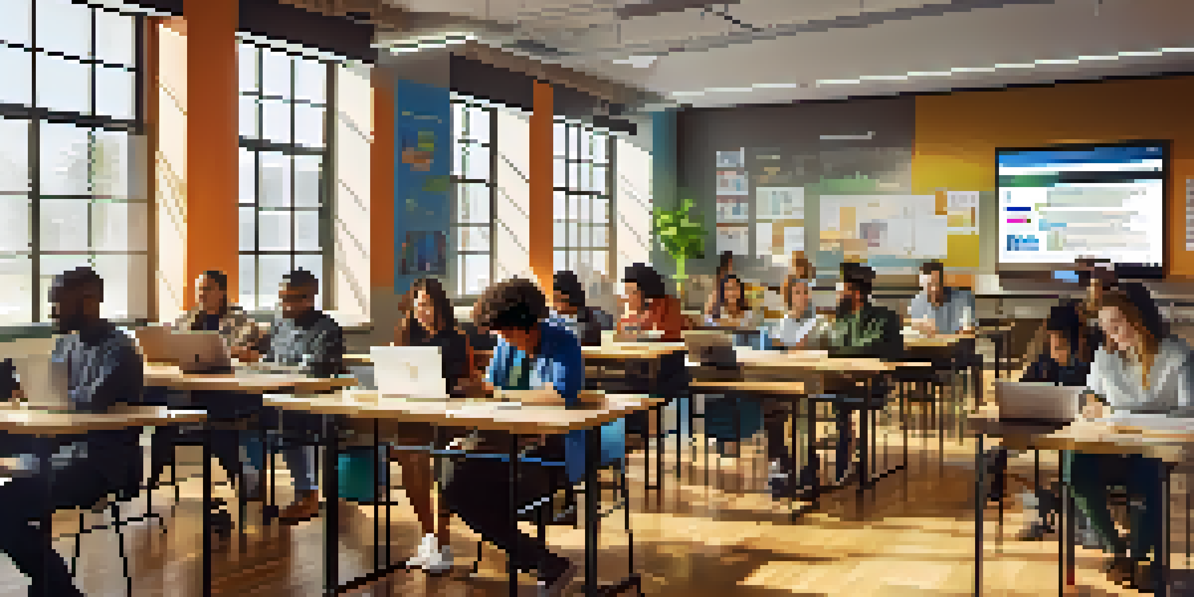 A modern classroom with diverse adult learners participating in a digital marketing workshop, featuring laptops and motivational posters.