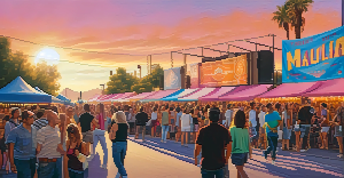 A lively street scene in Phoenix during a music festival, featuring musicians on stage and a diverse crowd enjoying the performances.