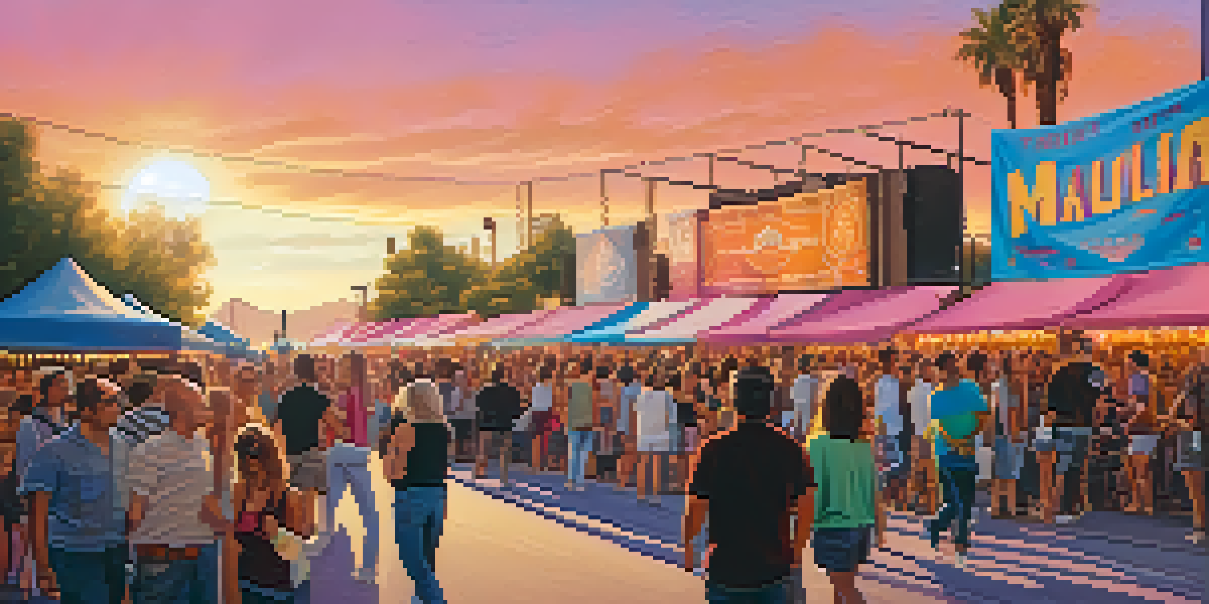 A lively street scene in Phoenix during a music festival, featuring musicians on stage and a diverse crowd enjoying the performances.