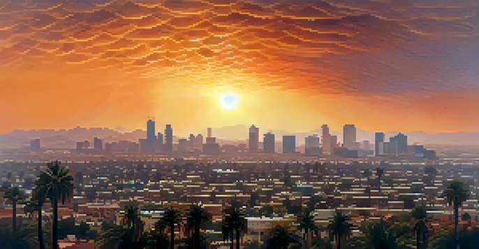 A city skyline of Phoenix partially obscured by a dust storm, with orange sunset colors and silhouettes of palm trees.