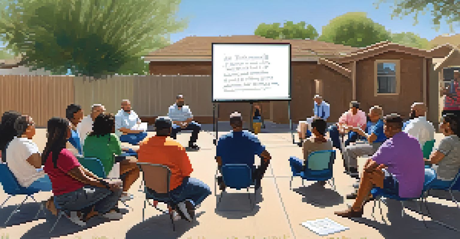 A community meeting with diverse residents discussing local propositions, seated in a circle with a whiteboard in the background.