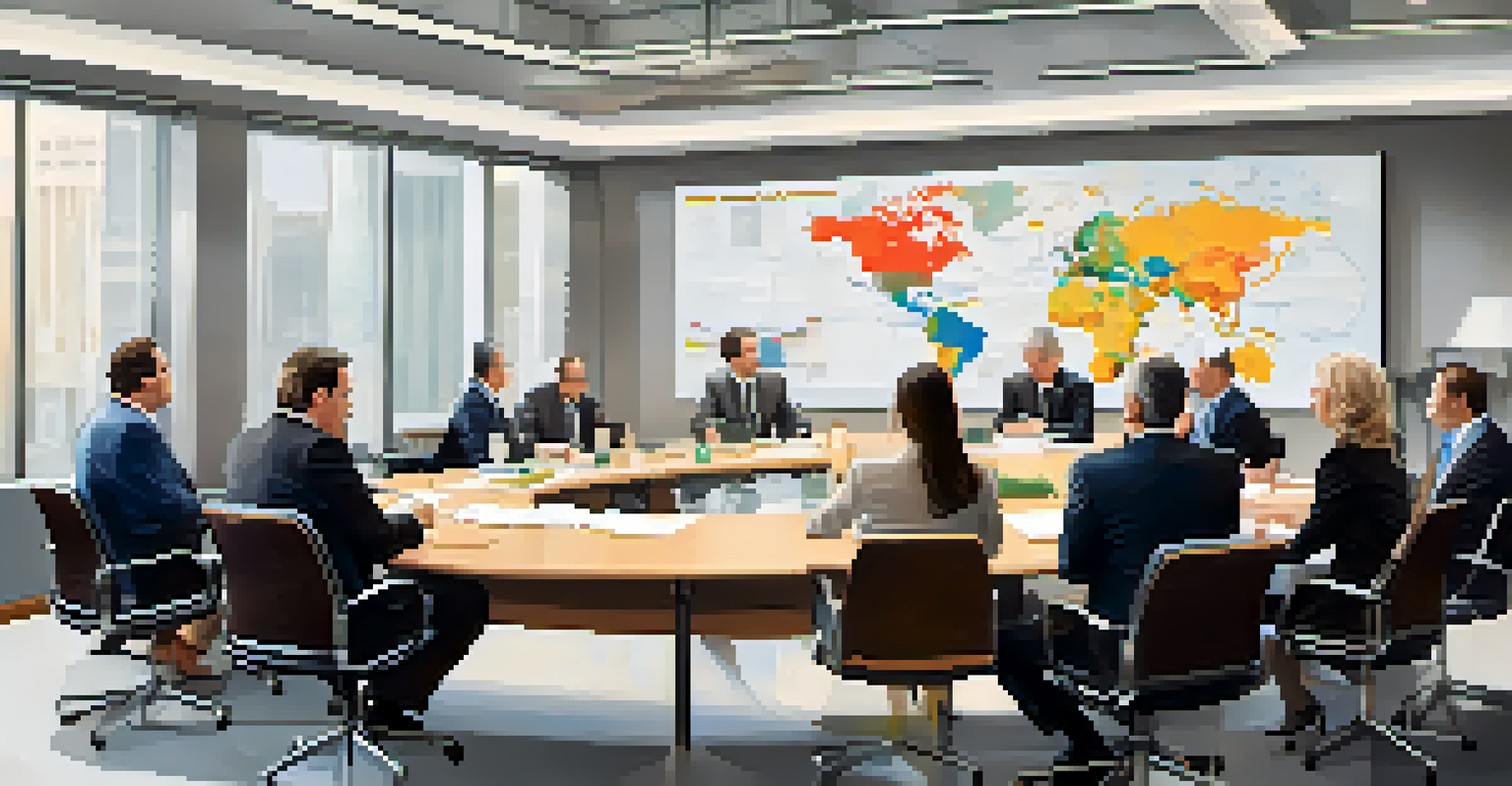 A collaborative meeting in a modern conference room with business leaders, educators, and government officials discussing strategies with charts and graphs on the screen.