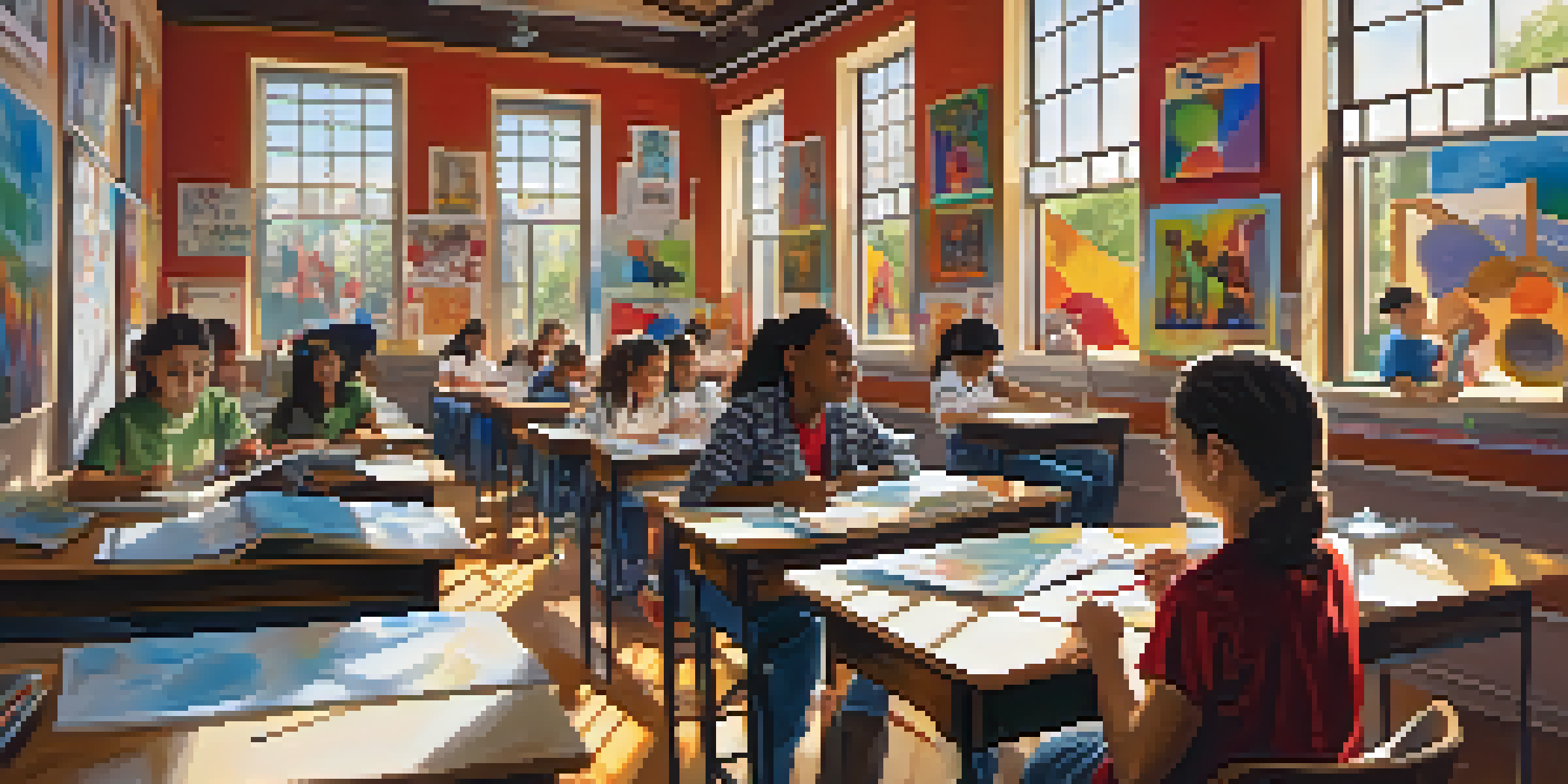 A lively classroom with students painting on canvases and practicing theater, filled with colorful artworks and bright sunlight.