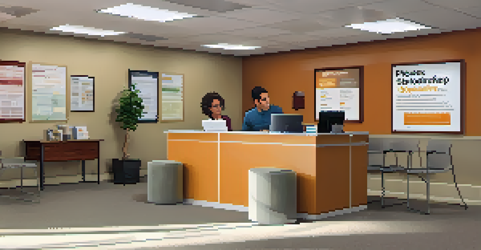 A financial aid advisor assisting a student in a well-organized scholarship office.