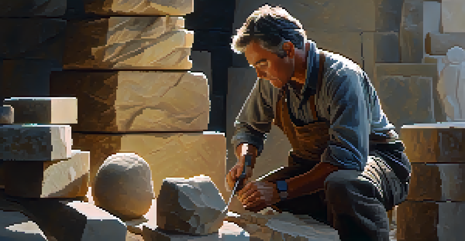 A sculptor closely working on a stone sculpture, surrounded by tools and stone blocks, with warm lighting.