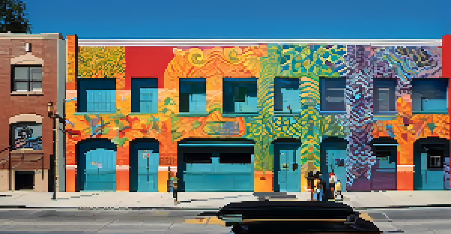 A close-up view of a colorful mural on a Roosevelt Row building, showcasing intricate patterns and bright colors that reflect local culture.