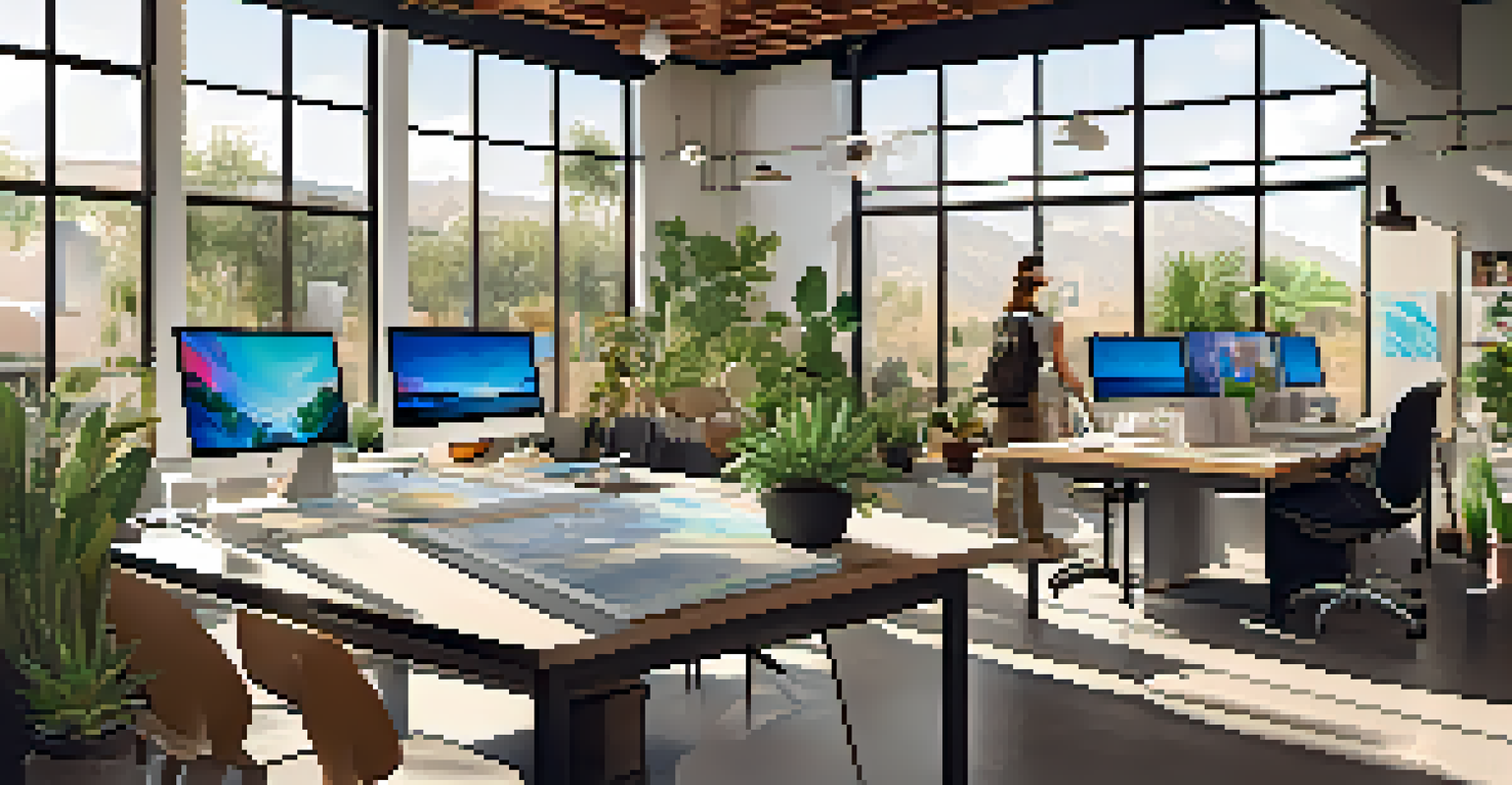 Inside an eco-friendly graphic design studio in Phoenix, designers work with sustainable materials and natural light.