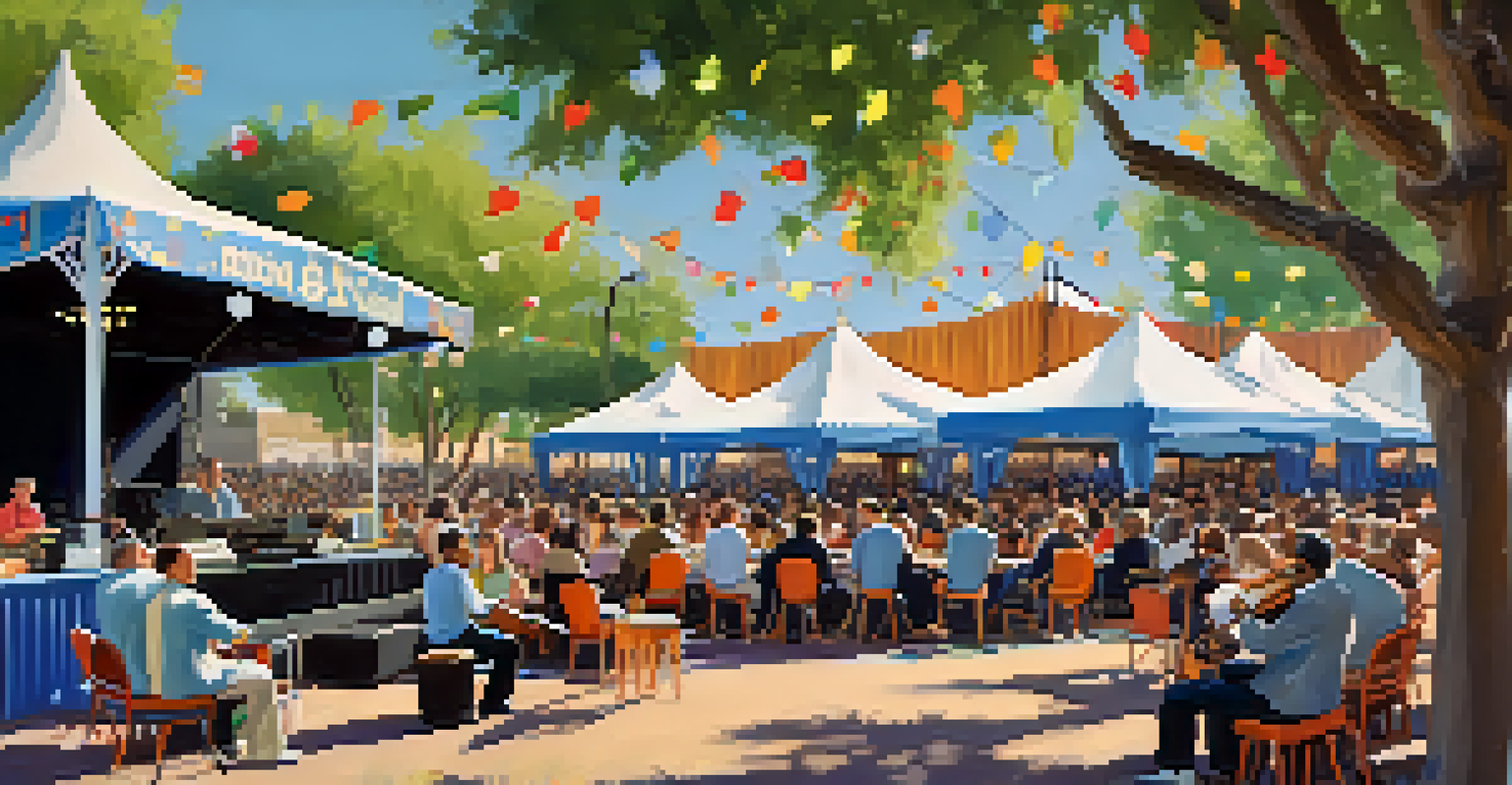 A jazz band performing on an outdoor stage with an audience enjoying the music under a clear blue sky.
