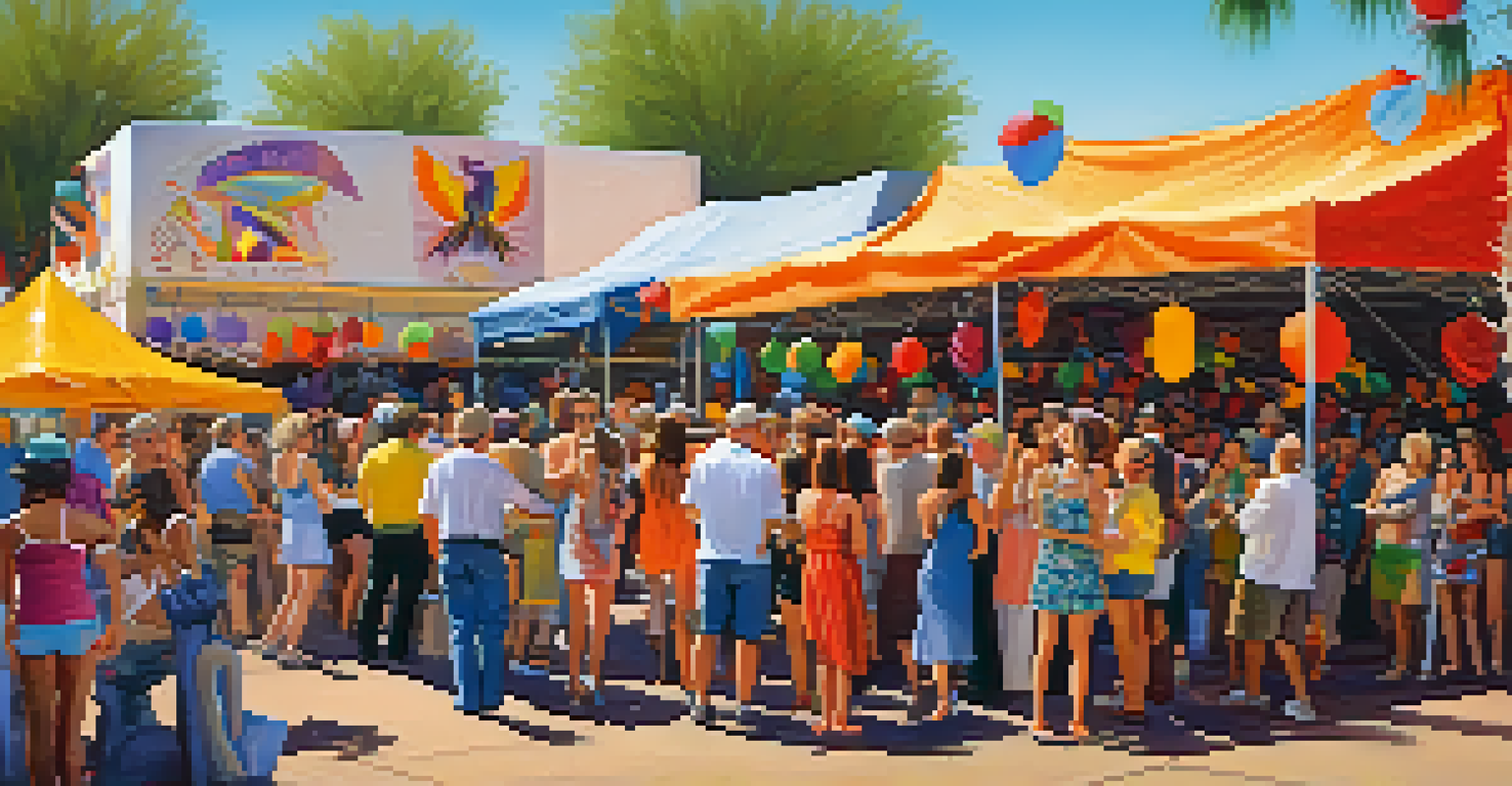 A vibrant scene at the Phoenix Fringe Festival with artists and audience in a colorful outdoor setting.