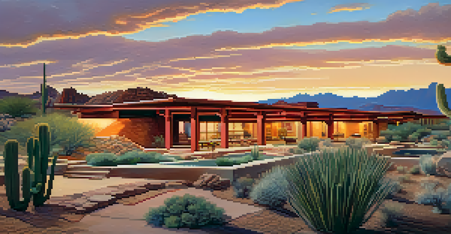 Taliesin West in the Sonoran Desert at sunset, showcasing its organic architecture and visitors exploring the grounds.
