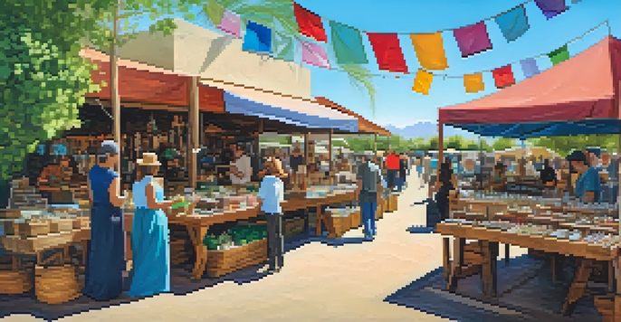 A lively artisan market in Phoenix with colorful handmade jewelry, artisans interacting with customers, and a bright blue sky.