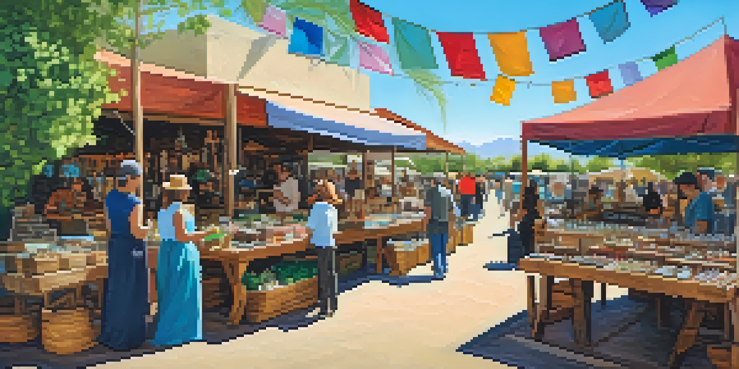 A lively artisan market in Phoenix with colorful handmade jewelry, artisans interacting with customers, and a bright blue sky.