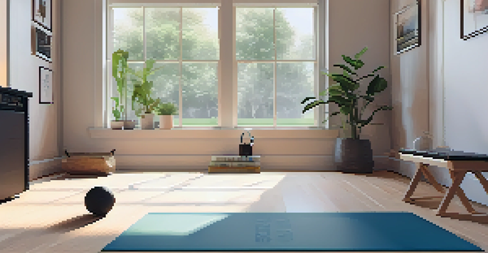 A home workout area with a yoga mat, dumbbells, and a laptop showing a fitness instructor, illuminated by natural light.