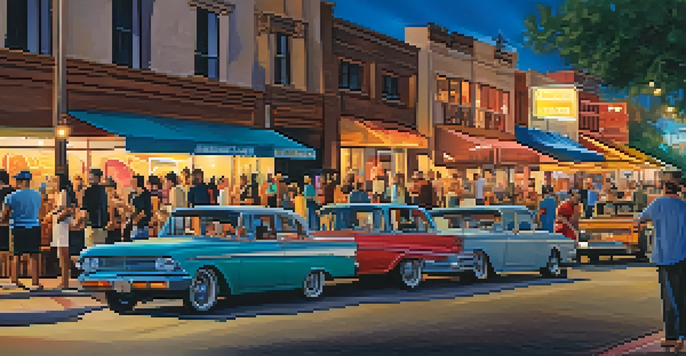 A lively street scene with artists, musicians, and a diverse crowd enjoying the First Fridays event in Phoenix.
