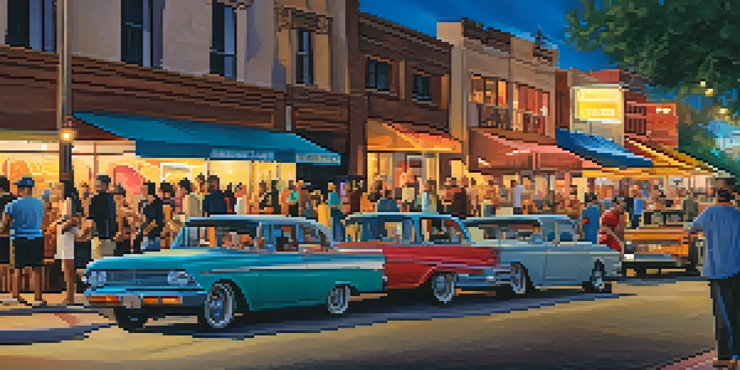 A lively street scene with artists, musicians, and a diverse crowd enjoying the First Fridays event in Phoenix.