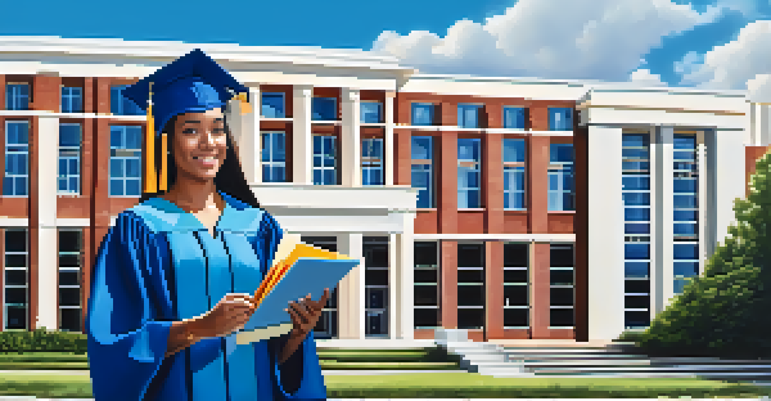 A proud graduate in cap and gown holding a diploma and a laptop in front of a college building under a blue sky.