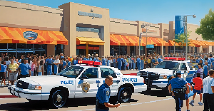 Police officers interacting with community members at a local event in Phoenix, with colorful banners and children playing.