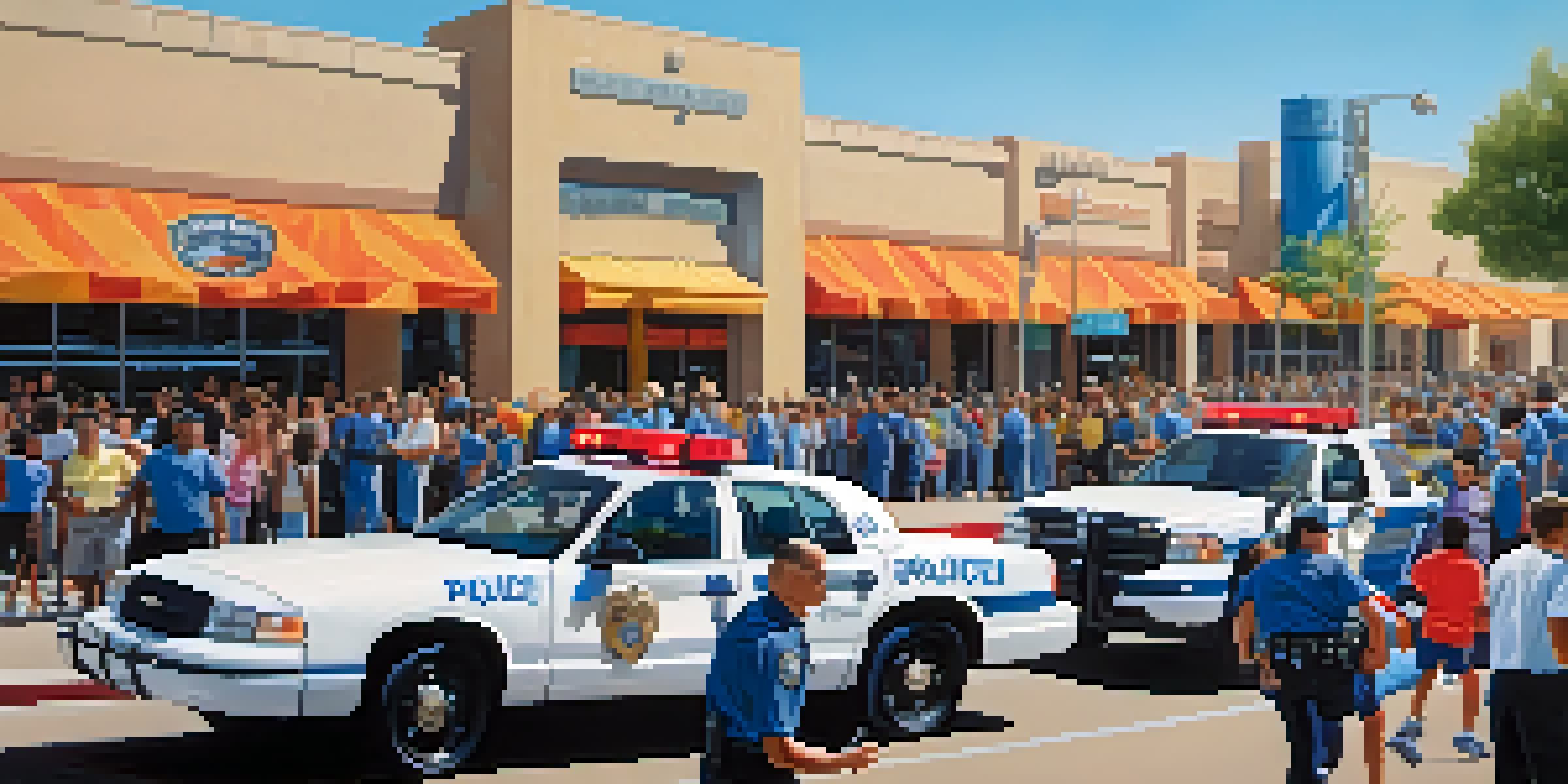 Police officers interacting with community members at a local event in Phoenix, with colorful banners and children playing.