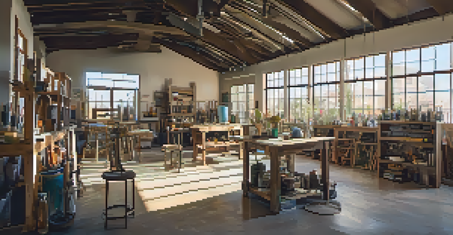 An artisan workshop in Phoenix displaying various upcycled products made from discarded materials in a bright, natural light-filled space.