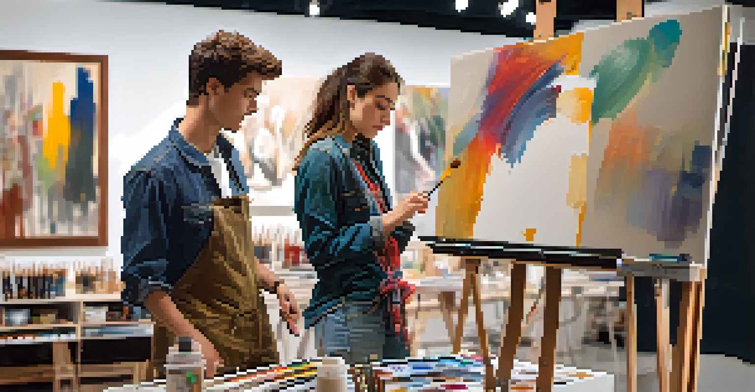 An experienced artist mentoring a student in a modern art studio, demonstrating painting techniques.