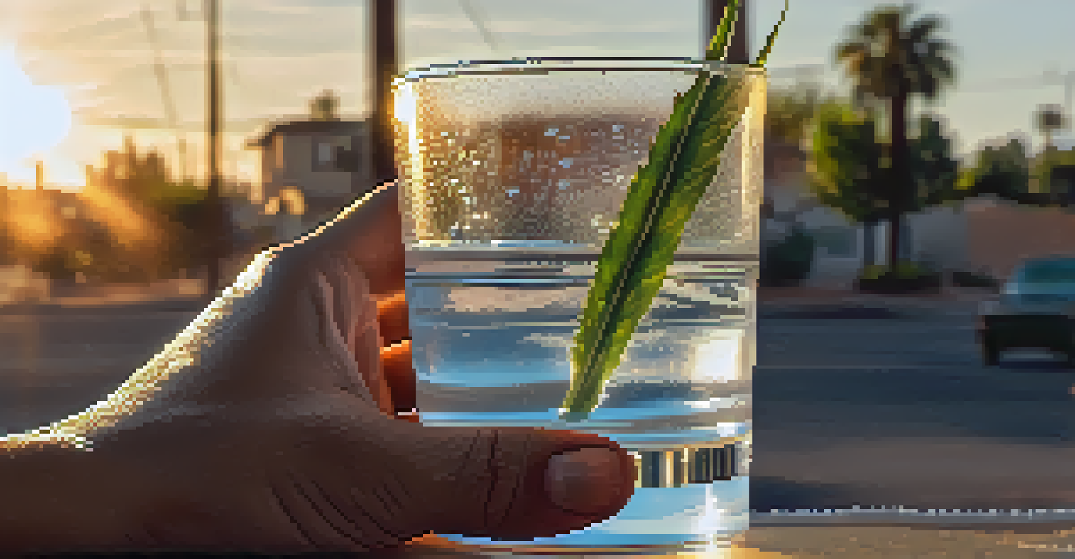 A close-up of a hand holding a cold glass of water in a sunlit neighborhood.