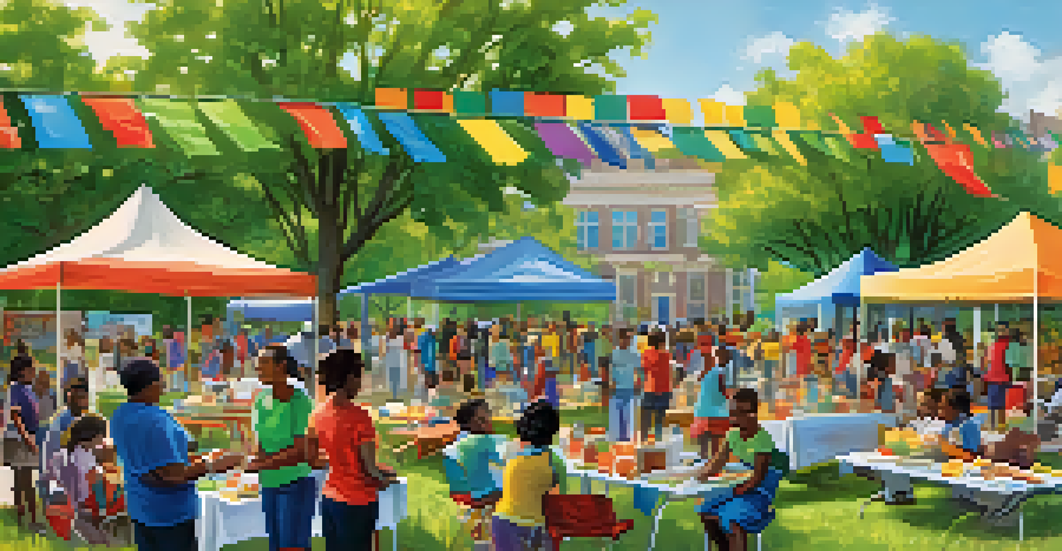 A community health fair with diverse participants, featuring a nutrition workshop and colorful banners in a sunny park.