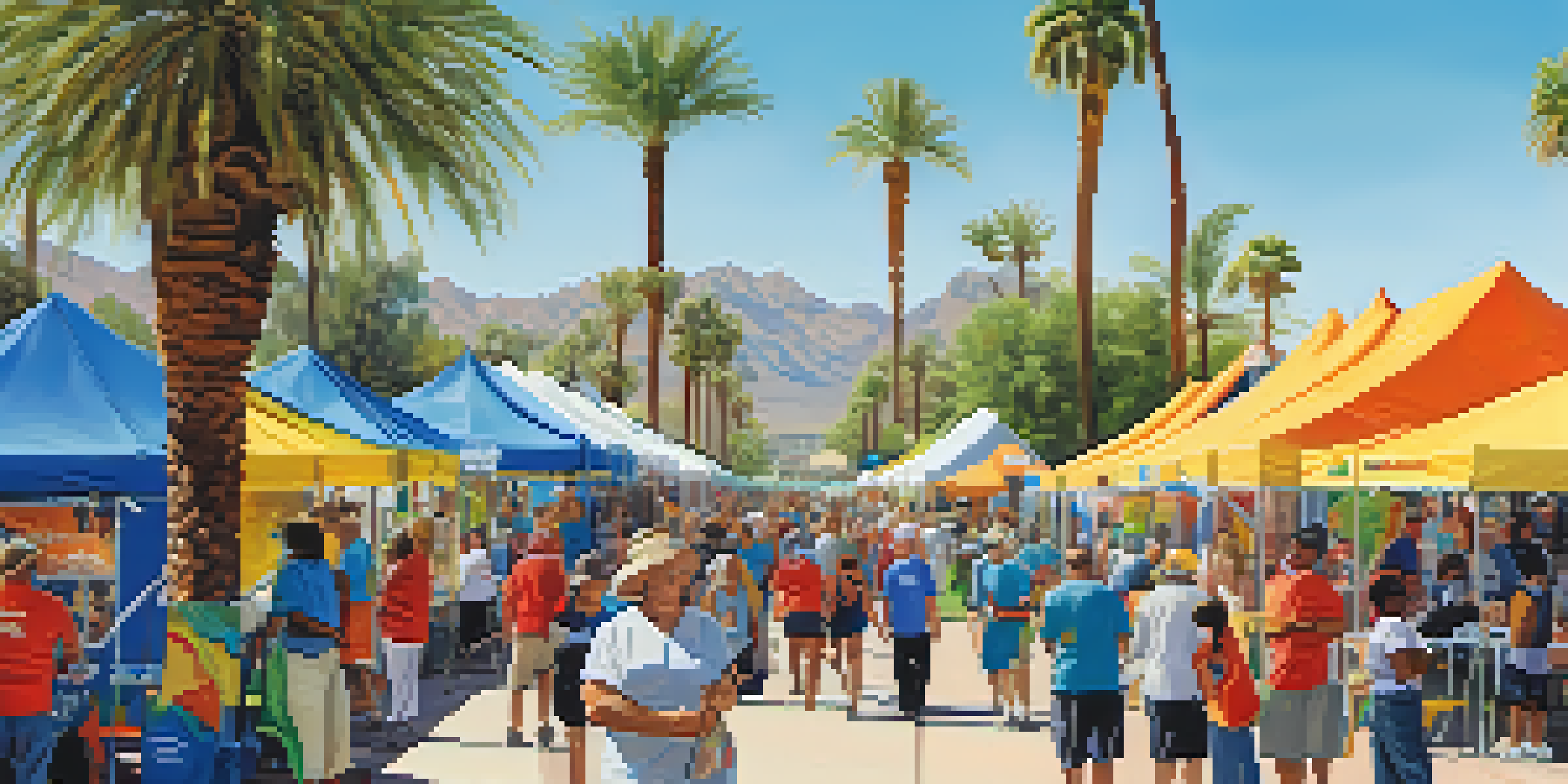 A lively outdoor health fair with diverse participants engaged in health activities under a sunny sky.