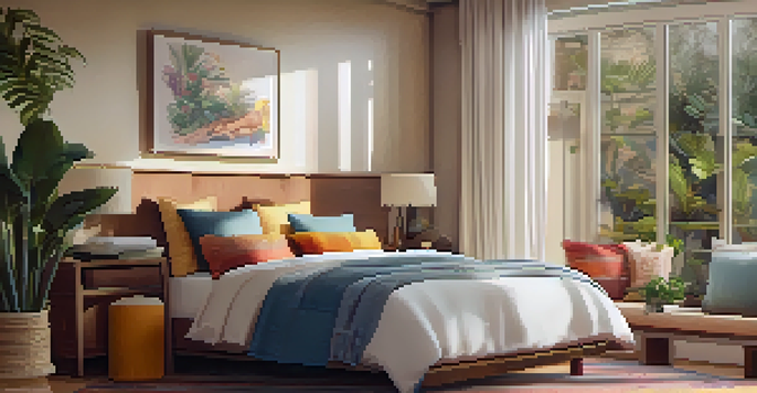 A cozy hotel room with a bed, colorful cushions, and a small dog on a rug, illuminated by natural light from a window.