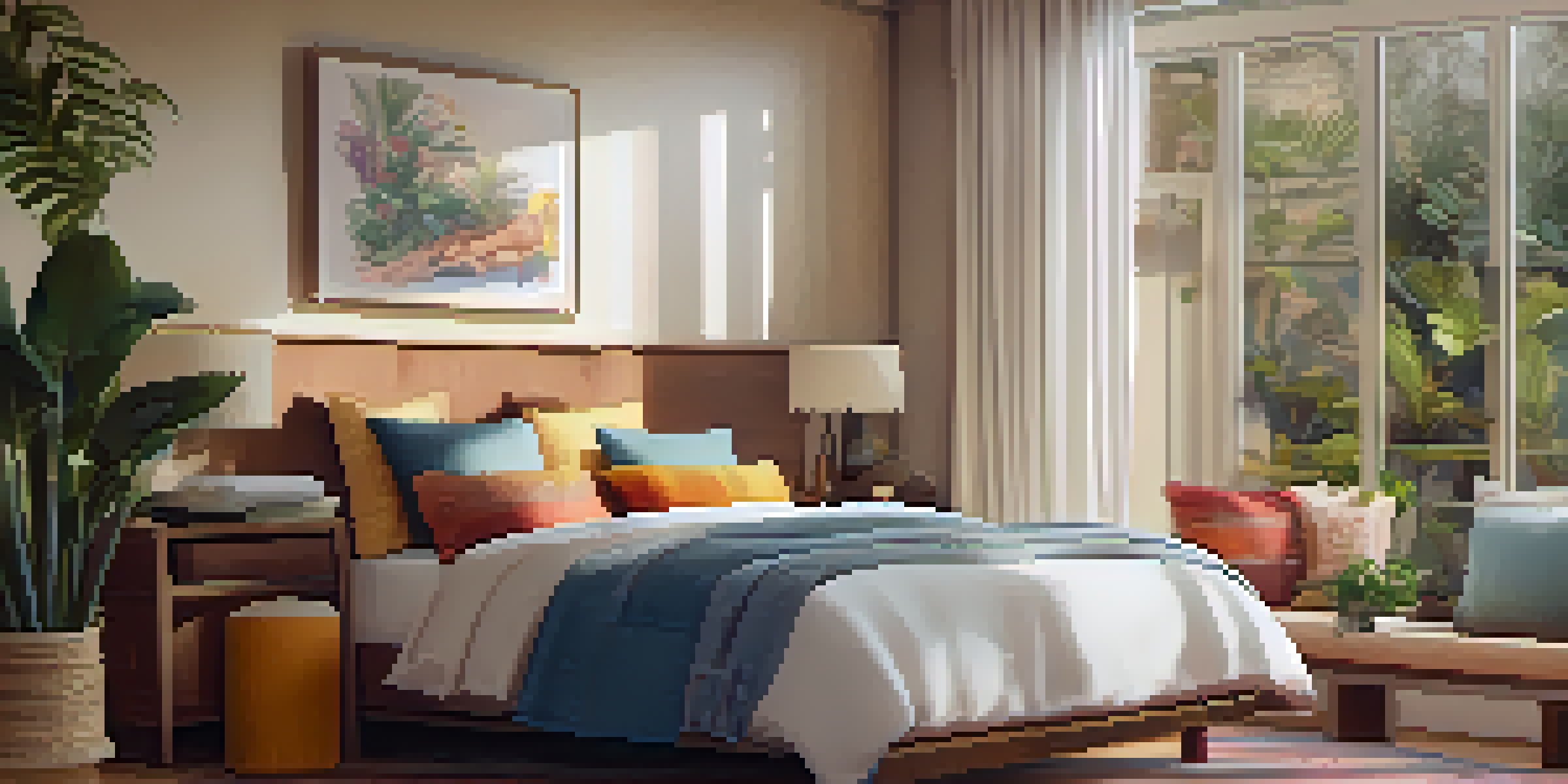 A cozy hotel room with a bed, colorful cushions, and a small dog on a rug, illuminated by natural light from a window.