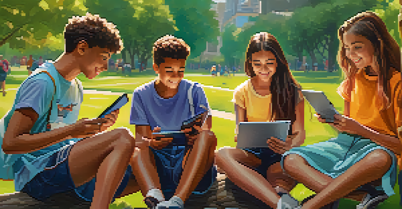 A group of students using tablets in a park for gamified learning, surrounded by nature, showcasing a fun and engaging educational experience.