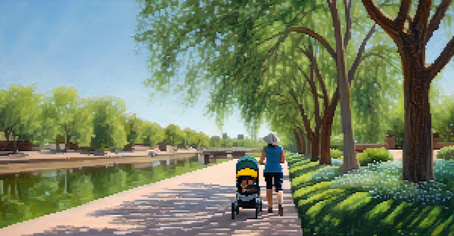 A mother walking with her child in a stroller along the Arizona Canal Path, with picnic areas and greenery around.