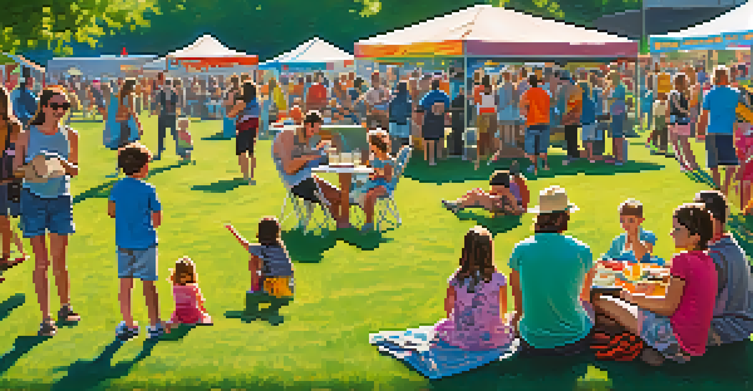 Families enjoying live rock music at Rock the Park festival, with children playing and food stalls in a sunny park setting.