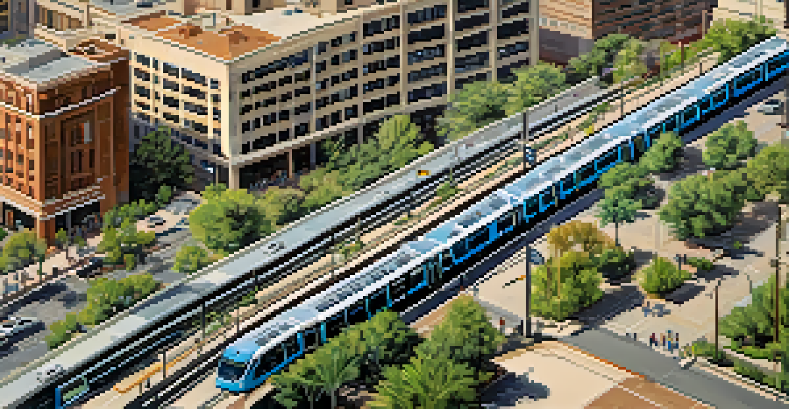 An aerial view of Phoenix's public transit, showing buses, light rail, and busy streets.