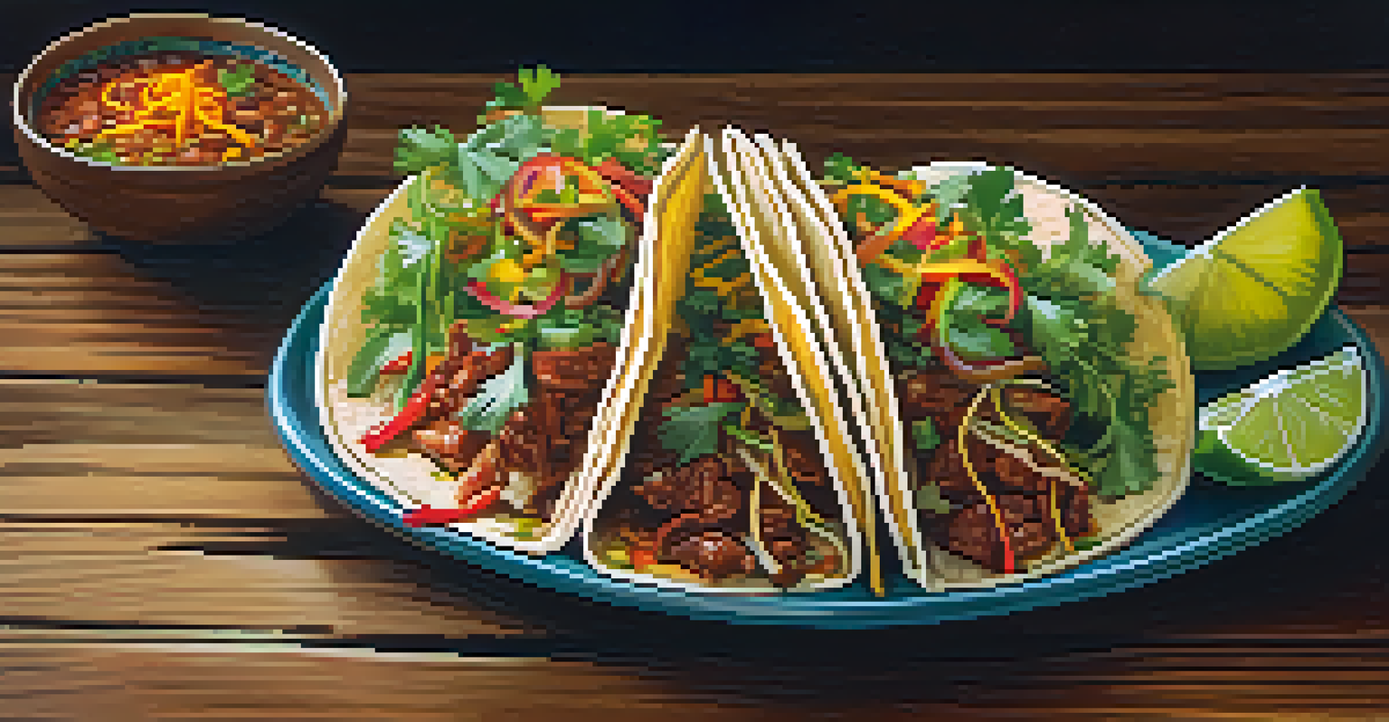 A beautifully plated fusion dish of Asian-Mexican tacos on a wooden table.