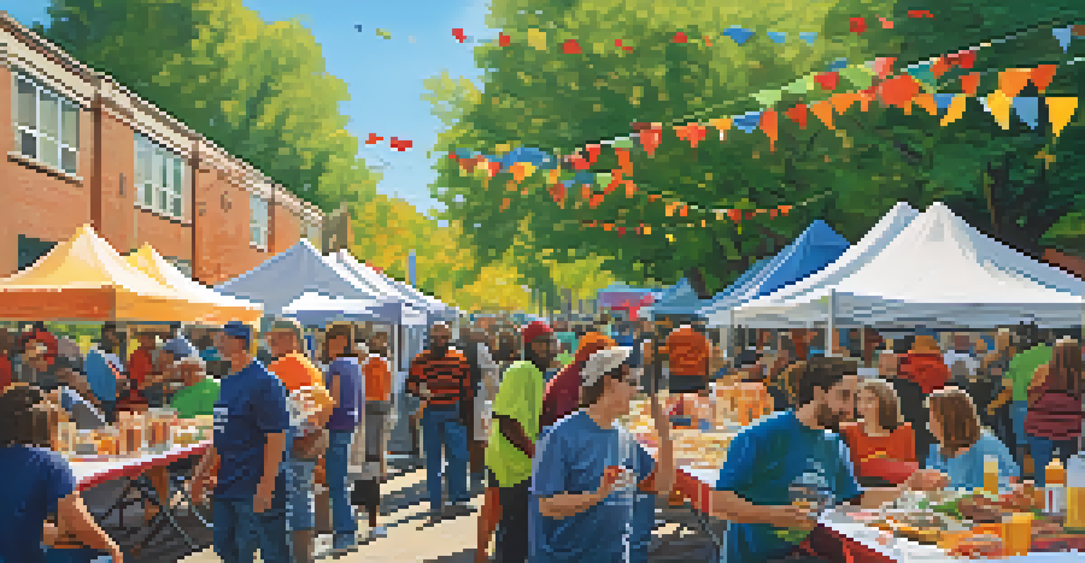 A lively outdoor community event with tables of food, people mingling, and volunteers distributing supplies, creating a warm and festive atmosphere.