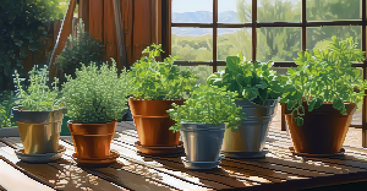 Potted fresh herbs like basil, cilantro, and rosemary on a patio table with sunlight creating patterns, against a desert backdrop.