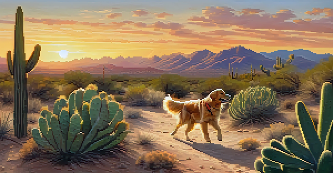 A golden retriever running on a hiking trail in the Phoenix desert with cacti and mountains in the background during sunset.