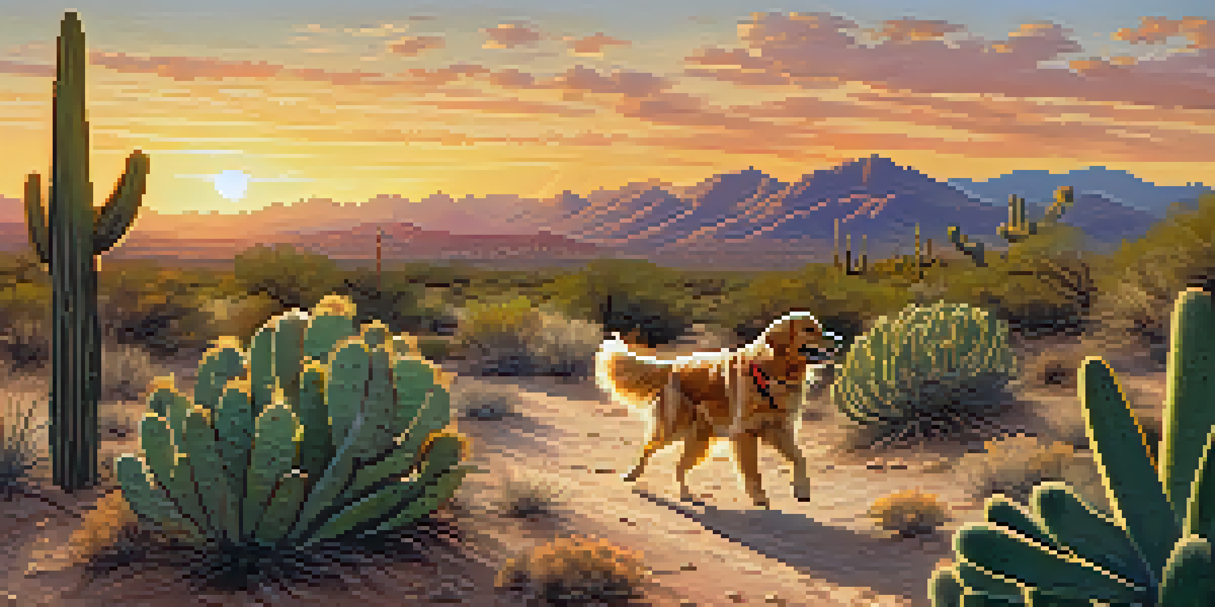 A golden retriever running on a hiking trail in the Phoenix desert with cacti and mountains in the background during sunset.