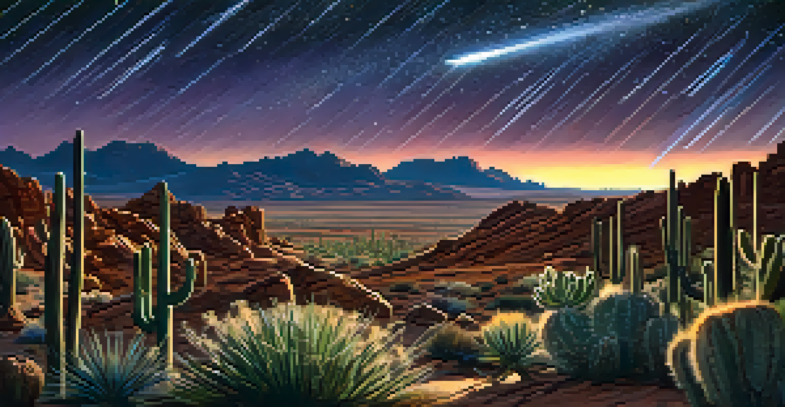 A meteor shower lighting up the night sky over the desert landscape of Phoenix, with cacti in the foreground.